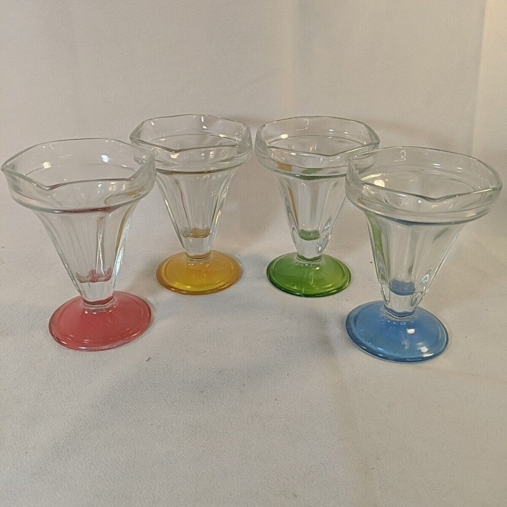 Libbey Crisa 4 Set Pedestal Ice Cream Sundae Multicolor Colorful Glass Vintage